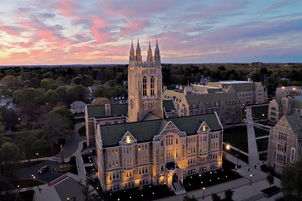 A sunset view of Gasson Hall, Boston College